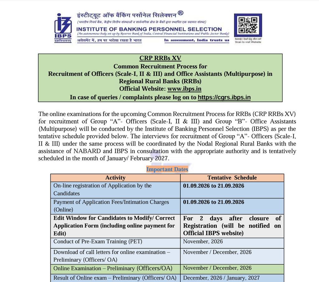 IBPS RRB CRP-XV Recruitment 2026 Official Notification