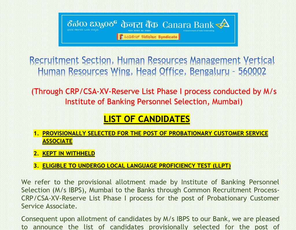 Canara Bank Probationary Customer Service Associate Result 2026 Direct Download Link